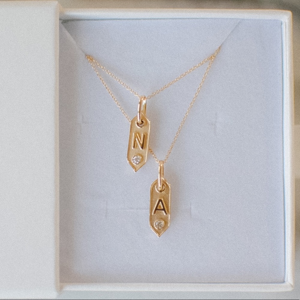 Diamond solid gold initial tag necklace